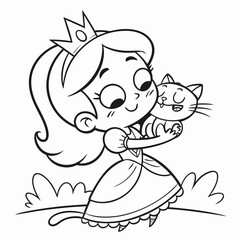 Kawaii Princess with Cat Friend coloring page for kids
