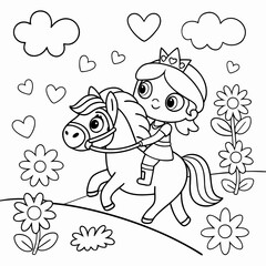 Kawaii Princess Riding a Pony coloring page for kids