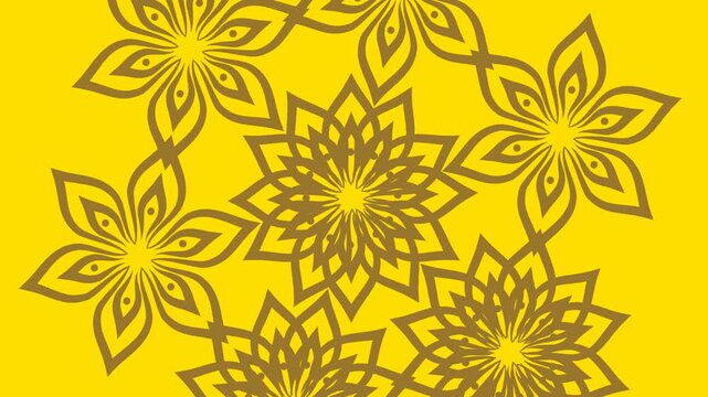 draw set of golden flower decorate with triangle in round shape on yellow screen background
