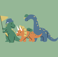 Three Friendly Dinosaurs Hiking Adventure Scene. Vector Illustration