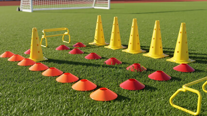 Set of yellow and red training cones arranged on green soccer field