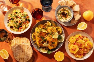 Moroccan feast with chicken tagine, vegetable couscous, orange salad, and eggplant dip