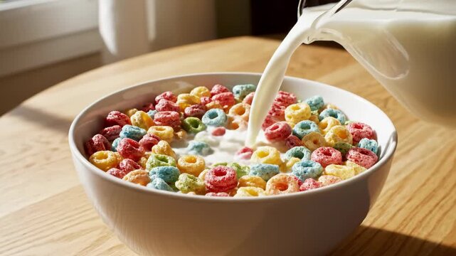 Delicious colorful cereal with fresh milk poured into bright white morning bowl. Sweet colorful cereal rings create vibrant, energetic breakfast experience for children.