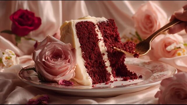 Red Velvet Cake Slice With Romantic Styling
