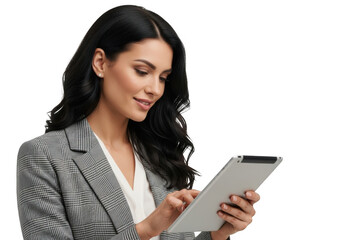 Professional businesswoman engaged with digital tablet device showing a focused expression isolated on transparent background