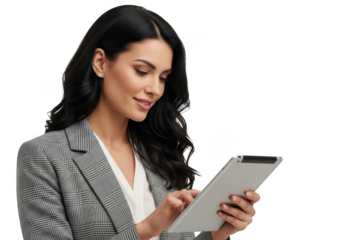 Professional businesswoman engaged with digital tablet device showing a focused expression isolated on transparent background