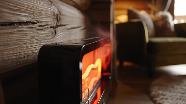 Indoor heater emitting warm light in cozy cabin setting. Concept of comfort during winter months, useful for discussions on home heating solutions and cozy living spaces. Video footage.