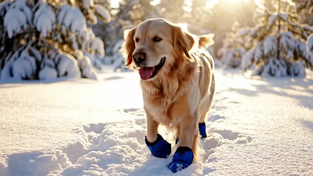 Golden retriever playing in snow wearing blue boots. Concept of winter pet care, outdoor activities, or dog safety in cold weather. Useful for articles and advertisements about pet accessories.