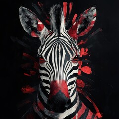Naklejka premium Zebra head with bold black stripes and red paint splashes. AI-generated.