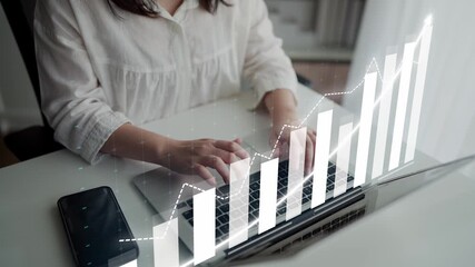 A woman engages in productive work on her laptop, with a digital growth graph overlay. This image embodies modern business, technology, and the pursuit of success. Copula - Powered by Adobe