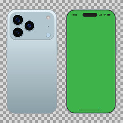 Back and front view of modern smartphone with triple camera system, mockup with green screen display for content replacement, isolated on transparent background