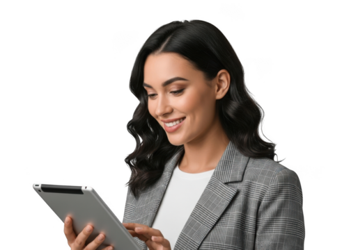 Smiling professional woman in a grey blazer looking at a tablet device with a focused expression isolated on transparent background - Powered by Adobe