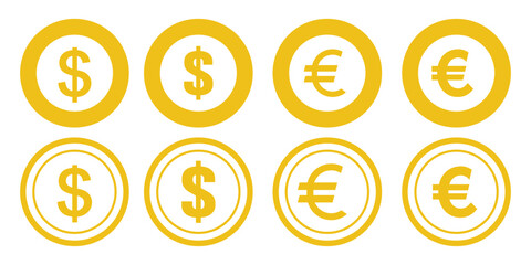 Collection of most popular currency symbol. Currency signs: dollar, yen, ruble, rupee, yuan, pound, franc and euro. Simple design of the most popular currency. Banknotes. Money and currency exchange.  © Hike Studio 888