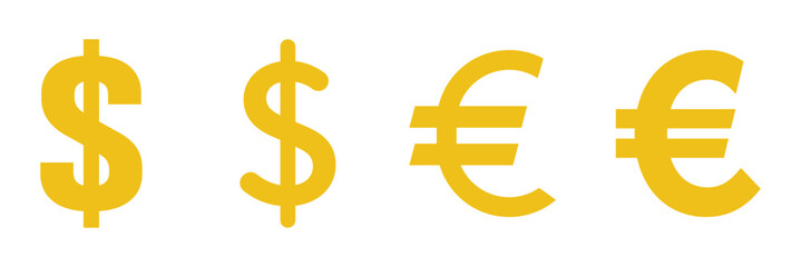 Obraz premium Set of euro and dollar currency icon symbol. Popular international currency sign. Dollar & Euro money coins icon signs. Money icon set. Dollar and Euro symbol. Minimalist Financial Symbols. 