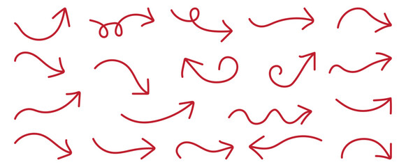 Collection hand drawn arrows. Hand-drawn navy blue arrows collection. Set of simple lines hand drawn red arrows in various style. Direction signpost gradient arrows web logo. Various bold brush.
