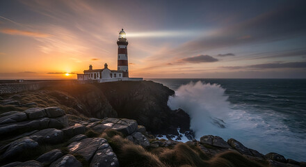 Beautiful lighthouse illuminating a rugged coastline at golden hour