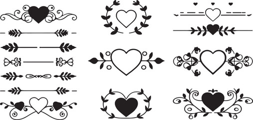 
Elegant Valentine Heart Dividers Collection &ndash; Romantic Floral Line Art Borders, Decorative Love Arrows, Vintage Heart Frames & Ornamental Flourish Elements for Weddin