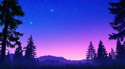 Serene night sky filled with stars above tranquil forest landscape, showcasing silhouettes of tall trees against gradient of purple and blue hues