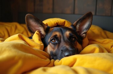 Obraz premium German Shepherd dog lies cozy in bed. Head peeks from soft warm yellow blanket. Pet looks sleepy, comfortable, cute. Loyal companion rests in modern home bedroom enjoying morning comfort, relaxation