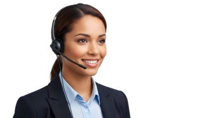 Smiling professional woman with headset offers customer service
