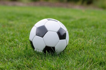 Obraz premium Soccer ball on green grass in a sunny field