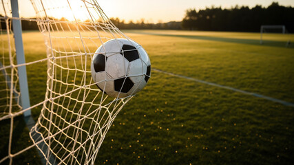Soccer ball in net during sunset on football field