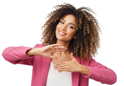 Smiling young woman with voluminous curly hair making a heart shape with her hands isolated on transparent background - Powered by Adobe