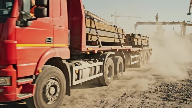 Red construction truck driving through dusty industrial area, hauling heavy materials on flatbed trailer. Large construction truck wheels kicking up sand, creating hazy environment for workers.