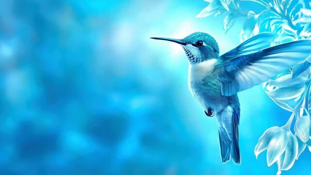 Hummingbird bird flight blue tropical wildlife nature delicate wings blur near luminous blossoms, graceful hover over blue blooms, nectar flower