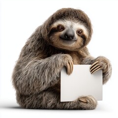 Obraz premium Sloth Holding Blank White Sign on White Background