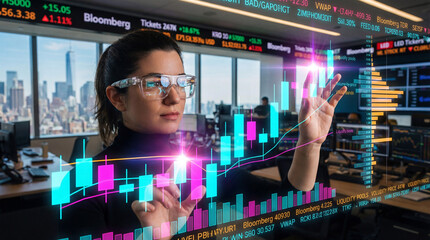 Financial Analyst Interpreting Futuristic Market Data Visualization