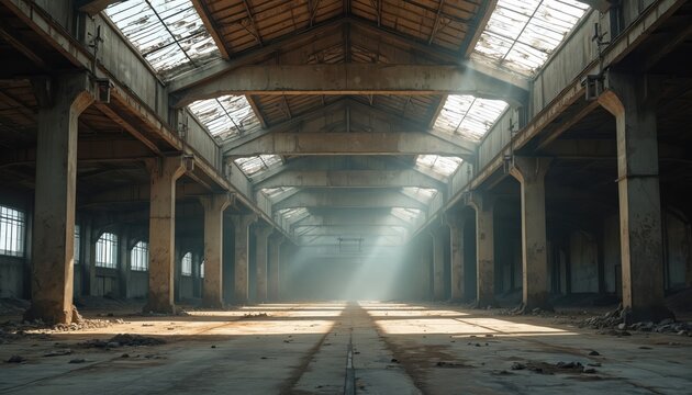 Sunlight streams into vast, empty industrial building. Large concrete columns support a damaged roof with broken glass panels. The floor is dirty and debris covered, showing decay and neglect.