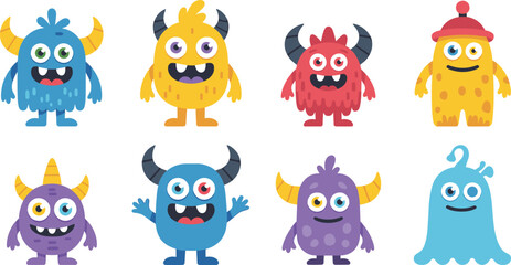 Fototapeta premium Colorful cute cartoon monster characters set with different expressions and shapes, fun illustration for kids, fantasy, playful design