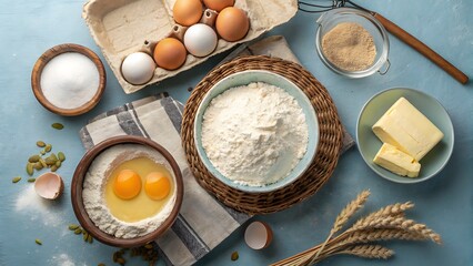 Baking ingredients laid out for preparation flour, eggs, sugar, and butter on a light blue surface