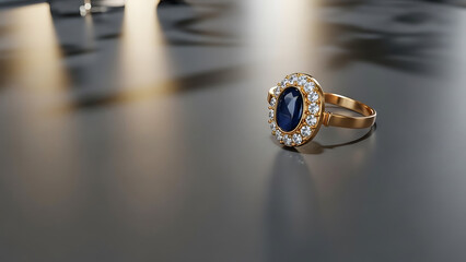 Elegant gold and diamond ring with a dark blue sapphire gemstone displayed on a reflective gray surface luxury and beauty