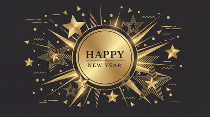 Modern geometric Happy New Year 2026 greeting card with a golden starburst explosion on a dark blue background. Abstract festive vector