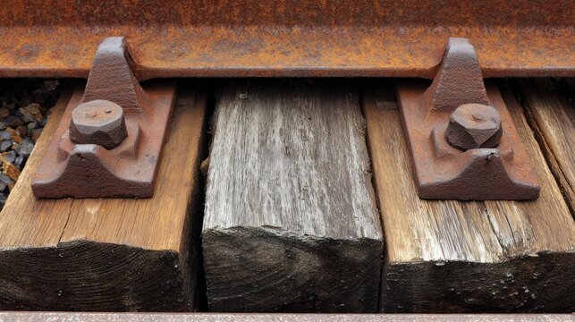 Old and new wooden railway sleepers showing contrasting textures and rust. mobility guides, transit brochures, designed for transport & logistics marketing, used by recruiters.