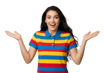Surprised young woman with open mouth and arms raised expressing astonishment isolated on transparent background