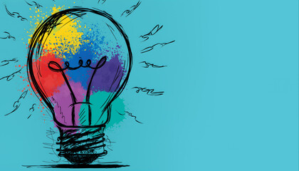 Creative illustration of a light bulb with colorful splashes in a bright blue setting