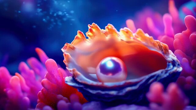 Glowing pearl open shell amid coral reef, underwater vibrant macro fantasy scene with iridescent light, ocean glow and dreamy mood, serene beauty