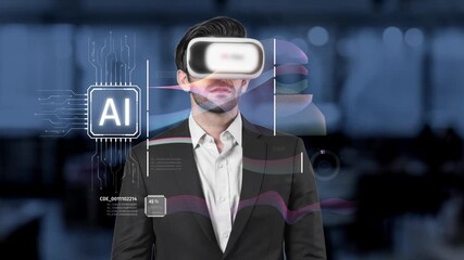 A professional male uses a virtual reality headset to interact with AI data visualization in a sleek digital environment, demonstrating innovation in technology and analysis. Raster - Powered by Adobe