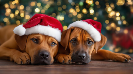 Adorable pets wearing, santa hats celebration, Christmas joy love, family traditions display, holiday animal companions, festive pet photography, seasonal cheer moment, with copy s