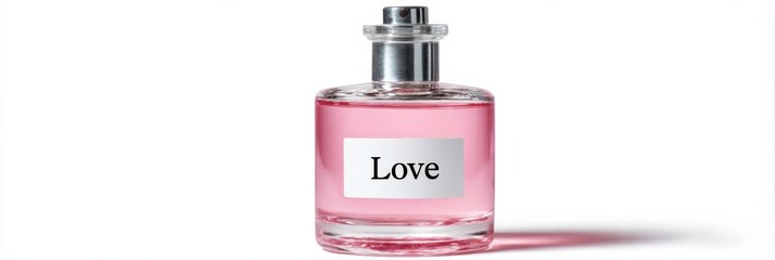 Elegant perfume bottle with pink liquid and "love" label isolated on white background