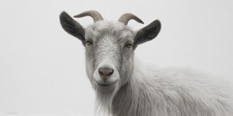 Fototapeta premium Portrait of a white goat with curved horns on a plain background