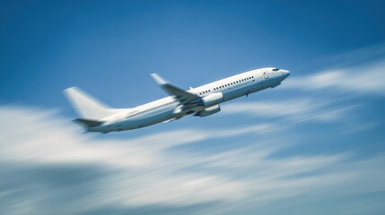 A plane flies towards the blue sky with blurred motion and distant clouds. The mobile guide used by radiologists is designed specifically for mobile and urban transportation guidance.