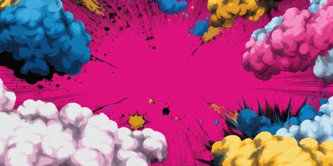 Vibrant comic explosion with multicolored clouds on pink background