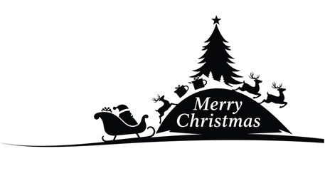 A silhouette depicts santa claus and reindeer flying with gifts near a christmas tree © Saidul_Studio1984