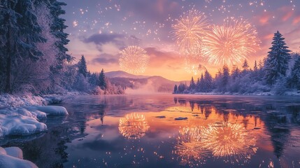 A serene winter landscape with a frozen lake reflecting fireworks, framed by snow-covered trees under a pastel sky.