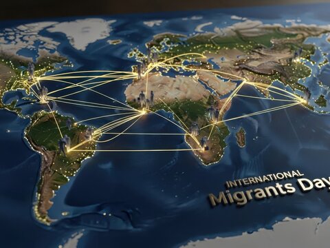 Global migration routes illuminated on a 3d world map representing international migrants day with connecting light lines - Powered by Adobe