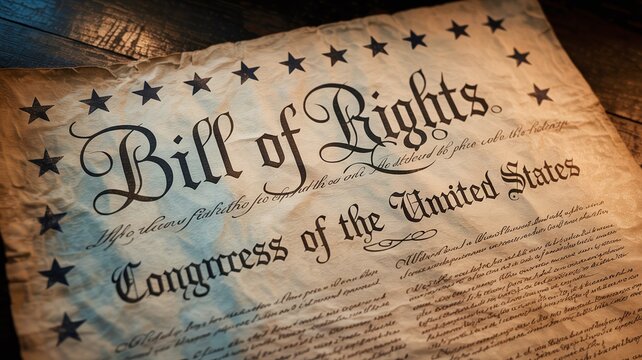 Bill of Rights parchment close-up, United States Constitution first amendments, December 15 civic education patriotism